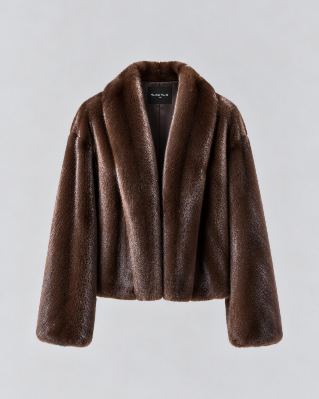 Cardigan en vison court, col châle enveloppant – Maison Maloë, vue 1