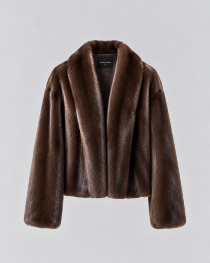 Cardigan en vison court, col châle enveloppant – Maison Maloë, vue 1
